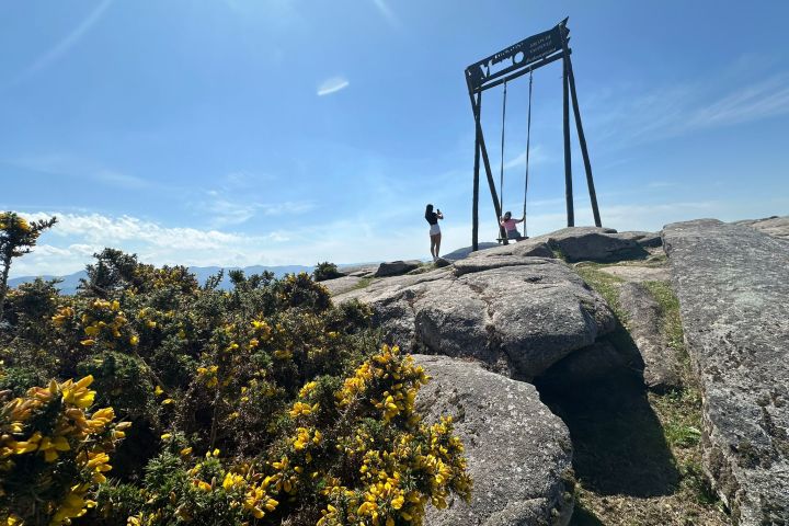 Two people on swings atop a rocky hill with yellow flowers under a clear blue sky.