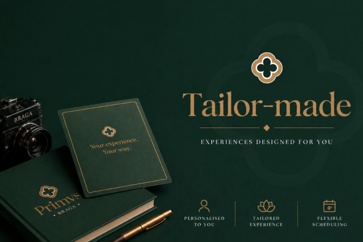 Dark green theme with tailored branding, book, journal, pen, and camera.
