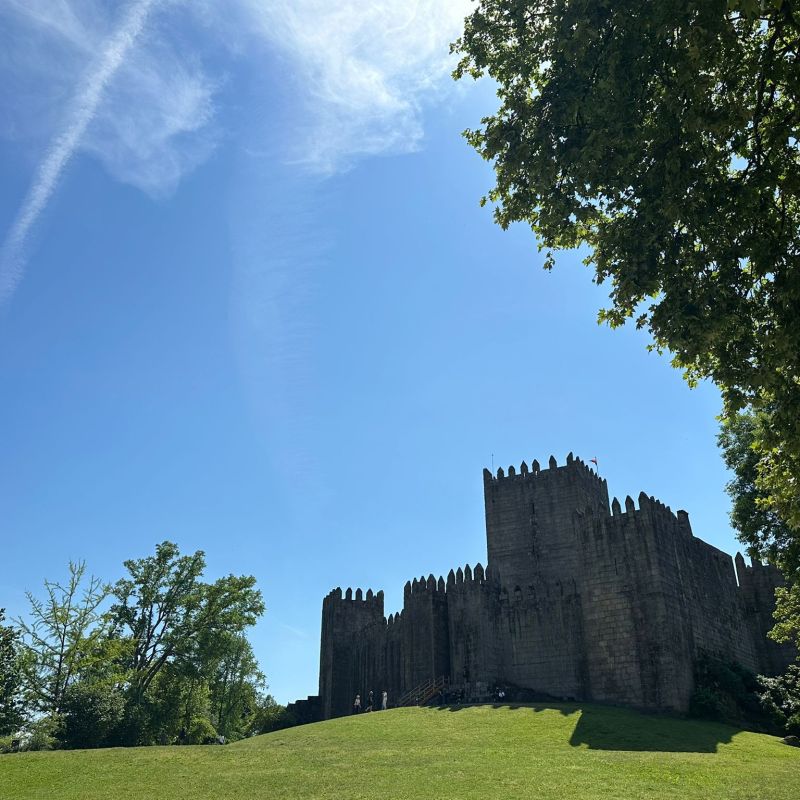Medieval castle with blue sky and trees in the foreground.